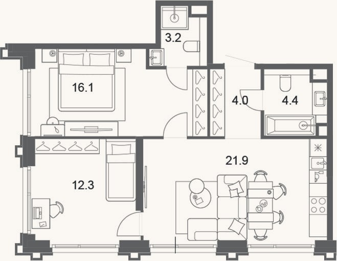 Планировка: 3-к, 61,9 м²