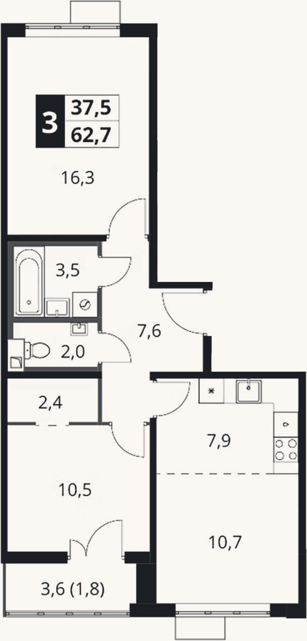 Планировка: 3-к, 60,9 м²