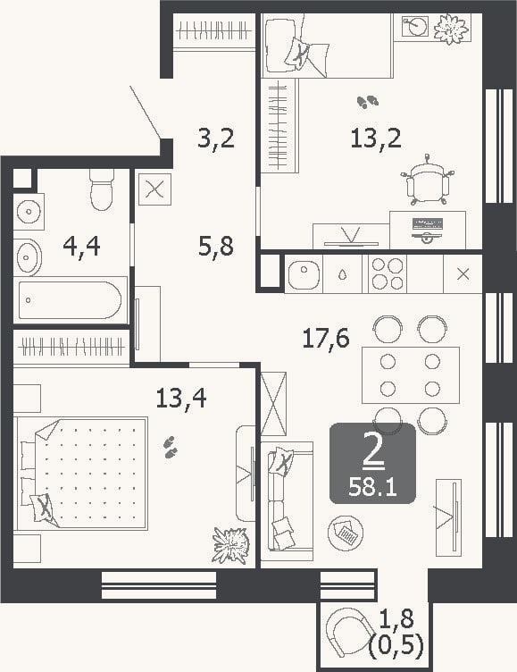 Планировка: 3-к, 57,6 м²
