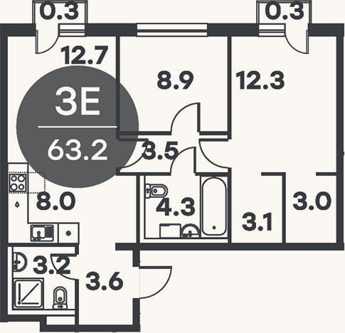Планировка: 3-к, 62,6 м²