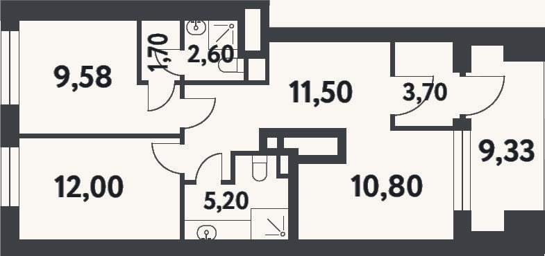 Планировка: 2-к, 57,1 м²