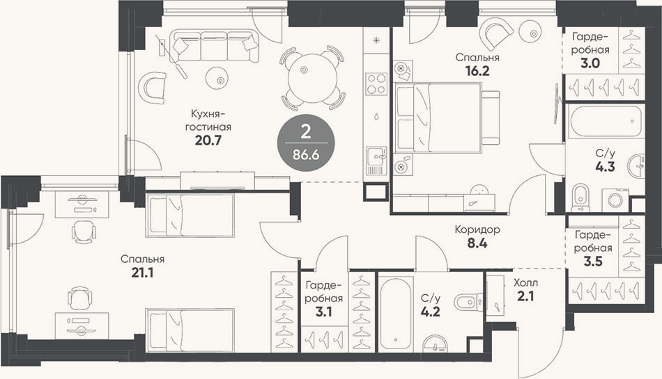 Планировка: 3-к, 86,6 м²