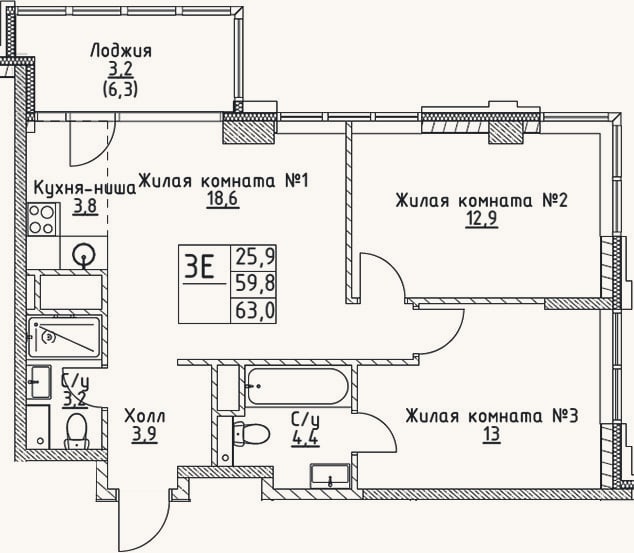 Планировка: 3-к, 59,8 м²