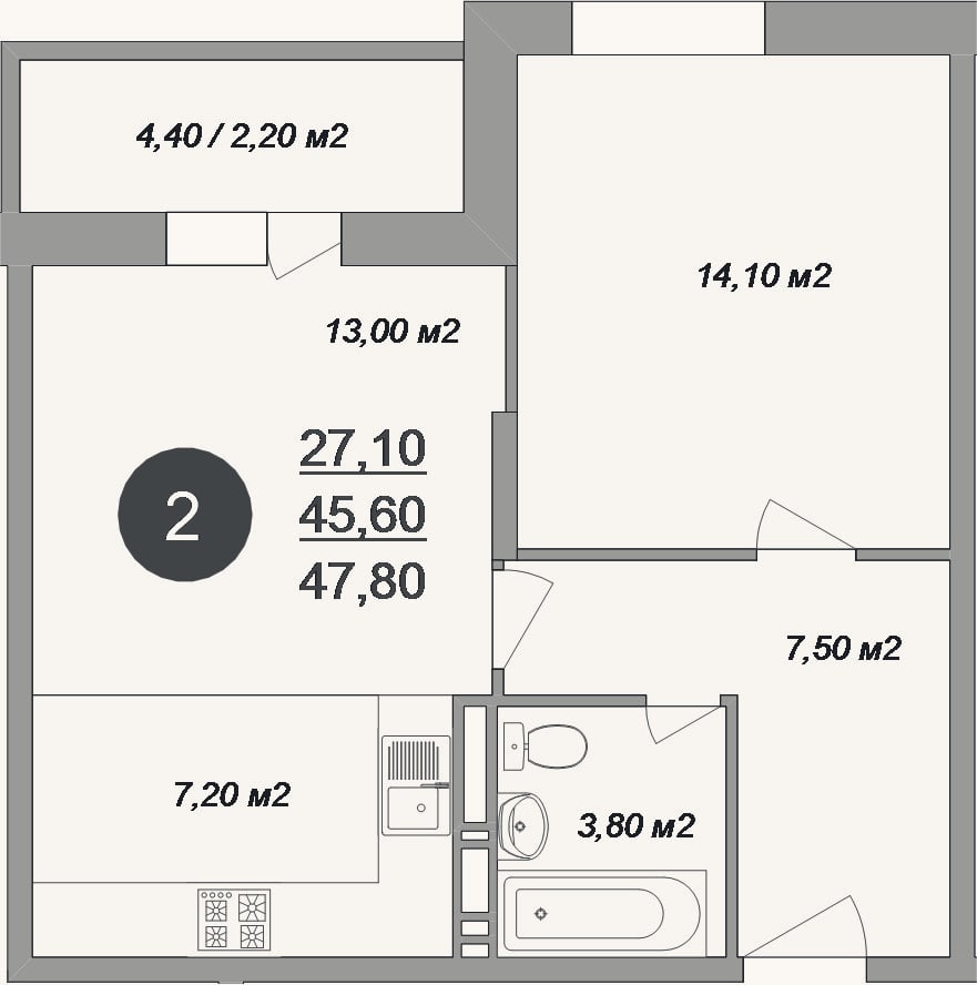 Планировка: 2-к, 45,6 м²
