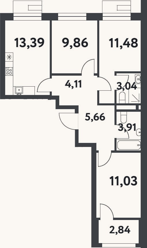 Планировка: 3-к, 62,5 м²