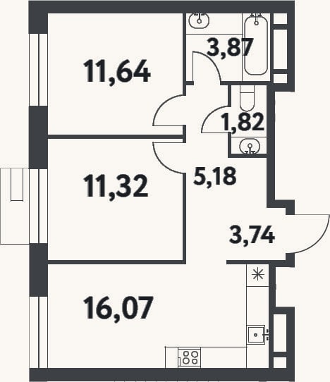 Планировка: 2-к, 53,6 м²