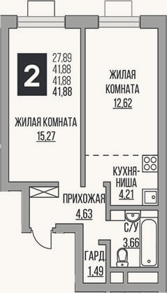Планировка: 2-к, 41,9 м²