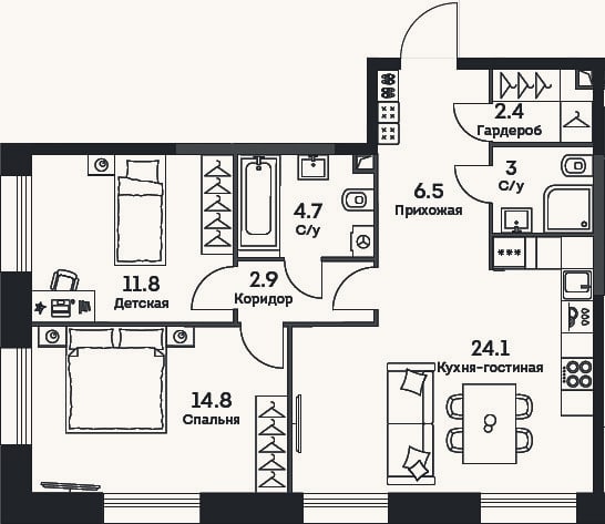 Планировка: 3-к, 70,2 м²
