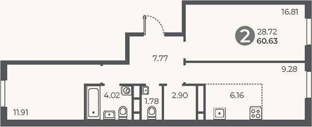 Планировка: 2-к, 60,6 м²