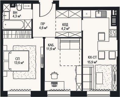Планировка: 2-к, 55,4 м²
