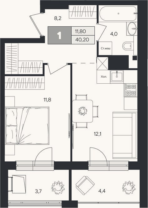 Планировка: 1-к, 36,2 м²