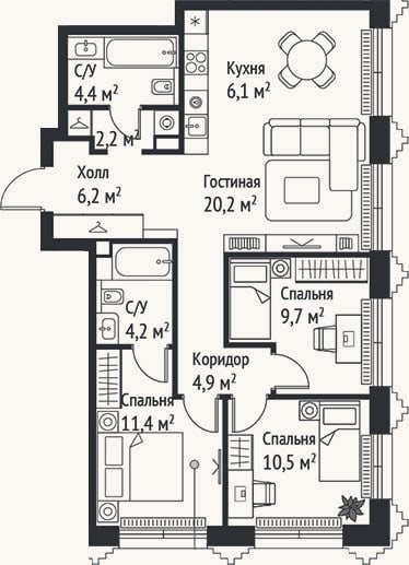 Планировка: 4+ к, 79,8 м²