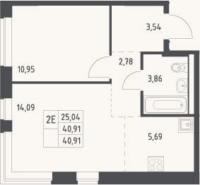 Планировка: 2-к, 40,9 м²