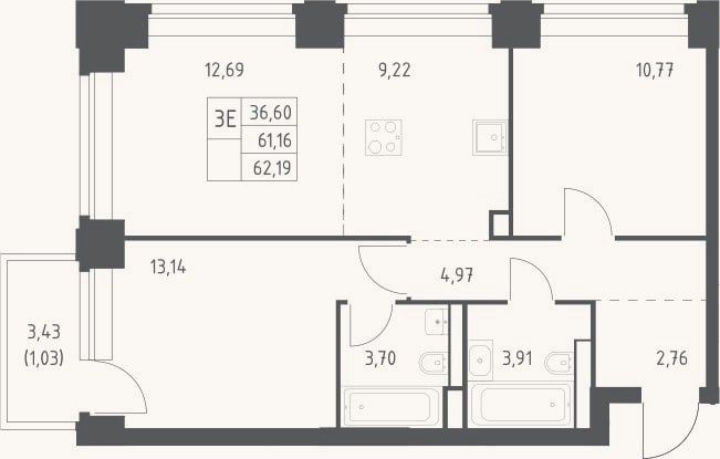 Планировка: 3-к, 61,2 м²