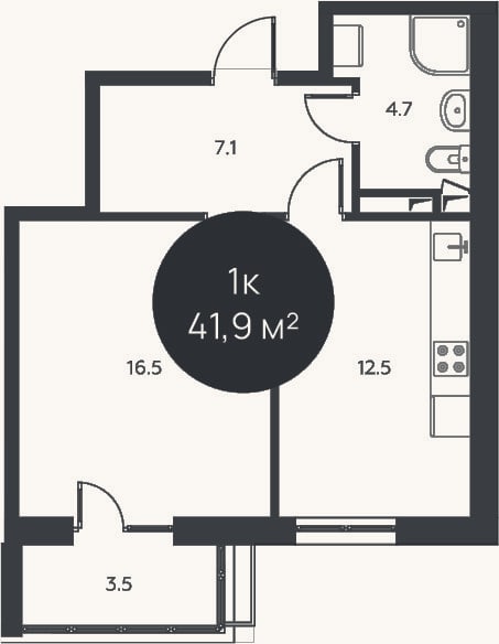 Планировка: 1-к, 40,8 м²