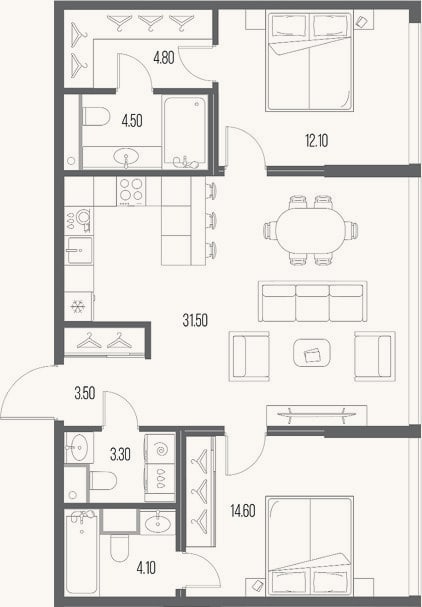 Планировка: 2-к, 78,4 м²