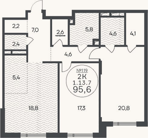 Планировка: 3-к, 95,6 м²