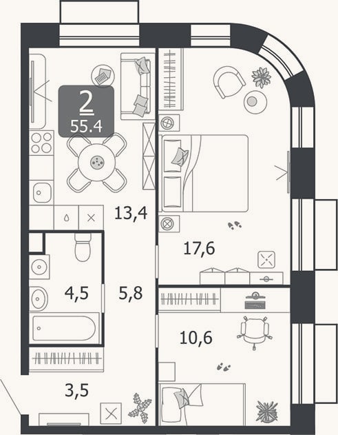 Планировка: 2-к, 55,4 м²