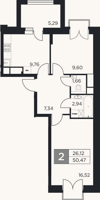 Планировка: 2-к, 47,8 м²