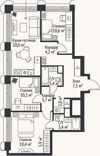 Планировка: 4+ к, 81,2 м²
