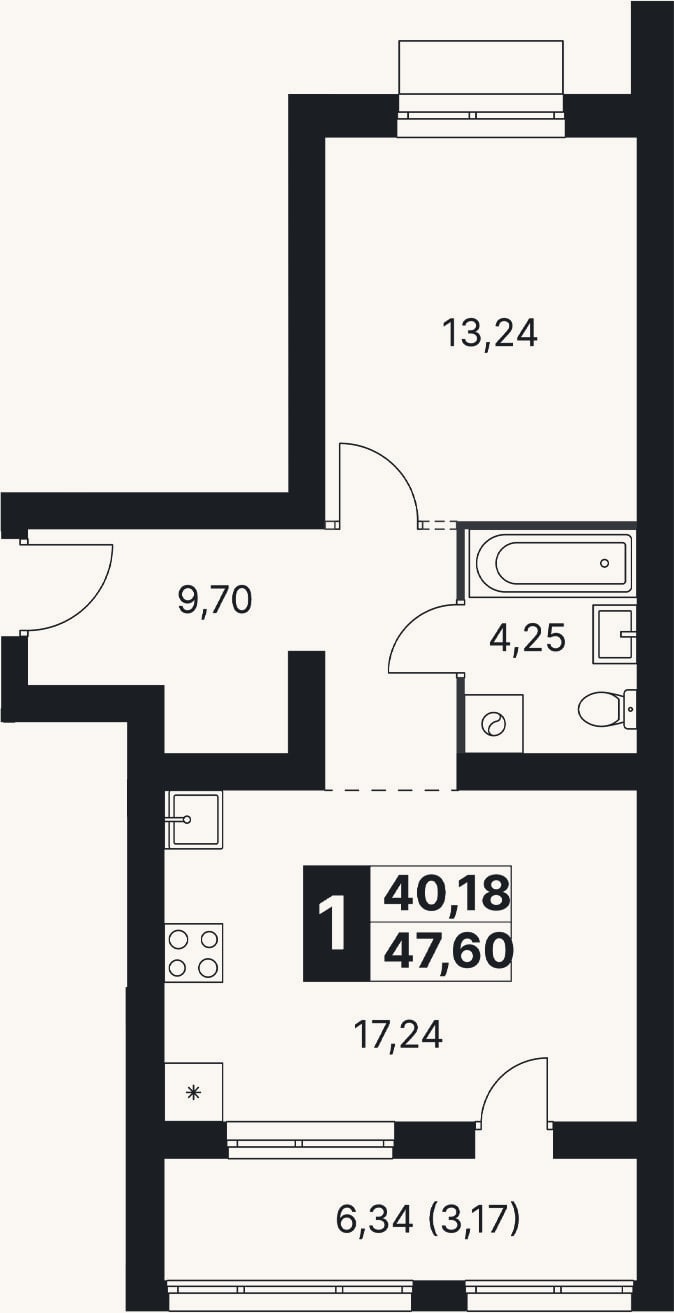 Планировка: 2-к, 44,4 м²