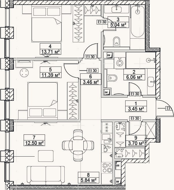 Планировка: 3-к, 65,5 м²