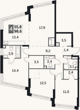 Планировка: 4+ к, 98,6 м²