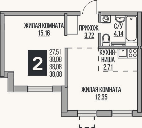 Планировка: 2-к, 38,1 м²