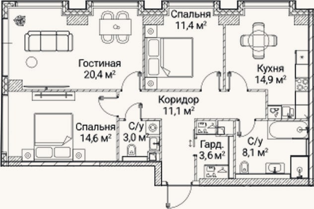 Планировка: 3-к, 87,1 м²