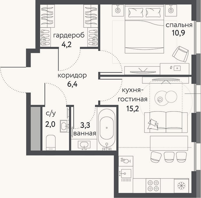 Планировка: 2-к, 42 м²
