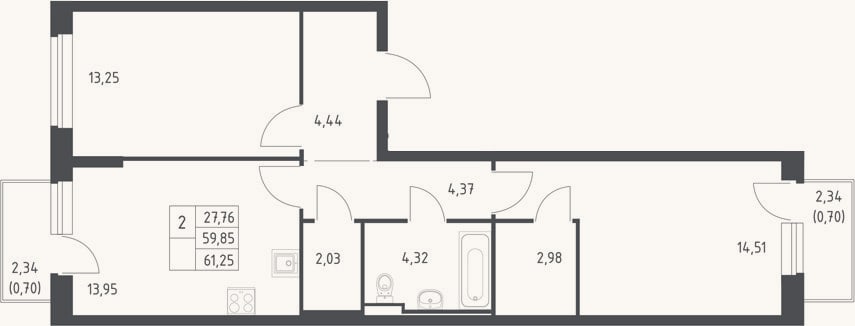 Планировка: 2-к, 59,9 м²