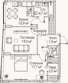 Планировка: 2-к, 61,4 м²