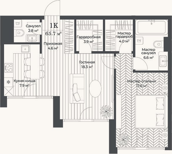 Планировка: 2-к, 65,7 м²