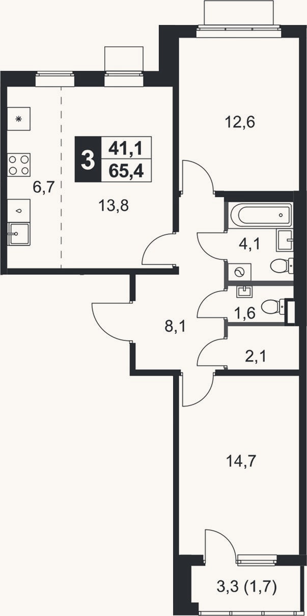 Планировка: 3-к, 63,7 м²