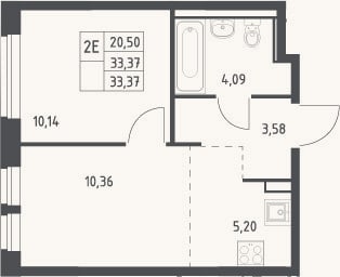 Планировка: 2-к, 33,4 м²