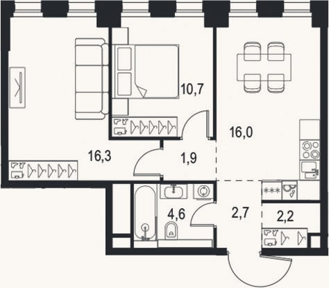 Планировка: 3-к, 54,4 м²