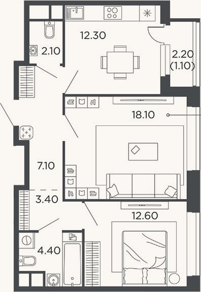Планировка: 2-к, 60 м²
