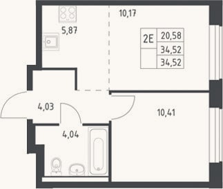 Планировка: 2-к, 34,5 м²