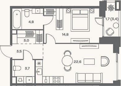 Планировка: 2-к, 52,4 м²