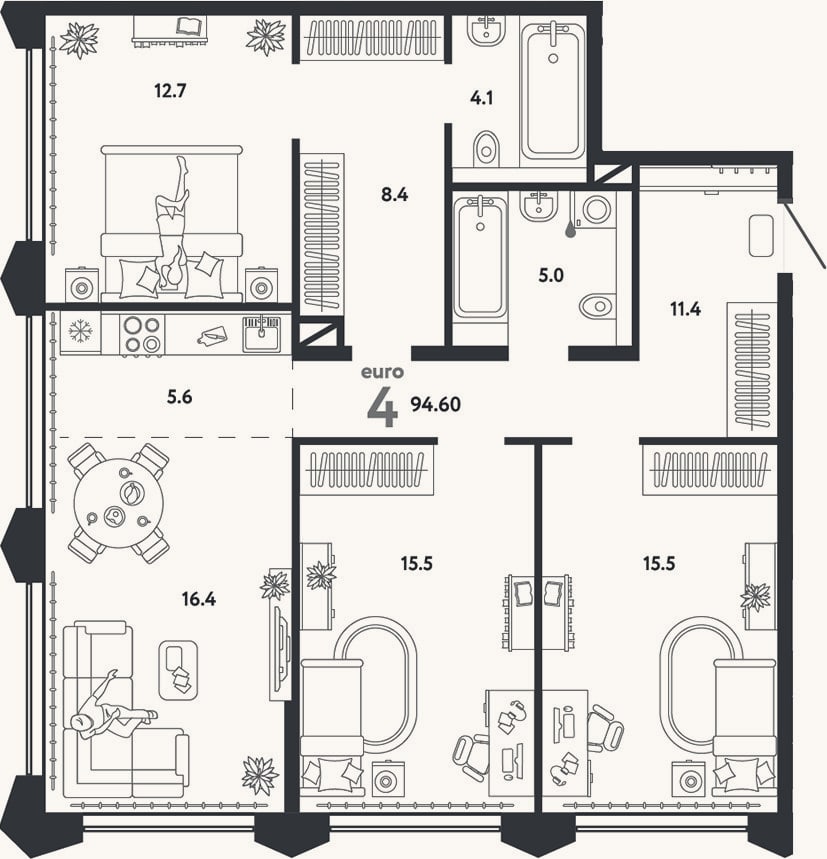 Планировка: 4+ к, 90,8 м²