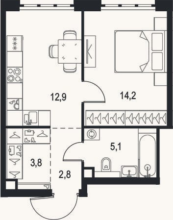 Планировка: 1-к, 38,8 м²