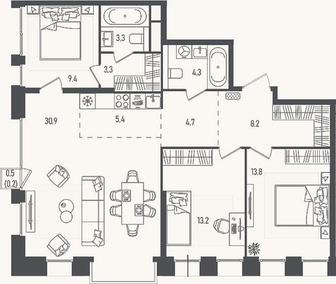 Планировка: 4+ к, 96,5 м²