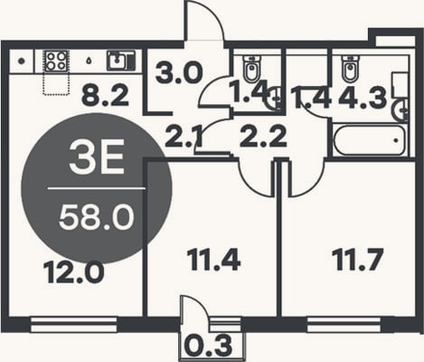 Планировка: 3-к, 57,7 м²