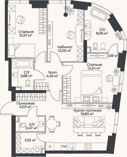 Планировка: 4+ к, 85,8 м²