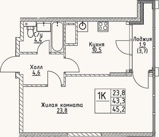 Планировка: 1-к, 43,3 м²