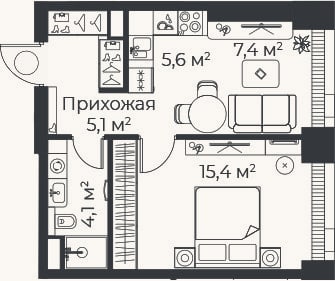 Планировка: 2-к, 37,6 м²