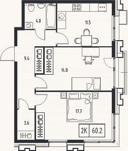 Планировка: 2-к, 60 м²