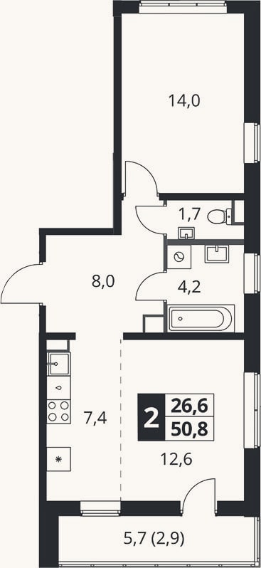Планировка: 2-к, 47,9 м²