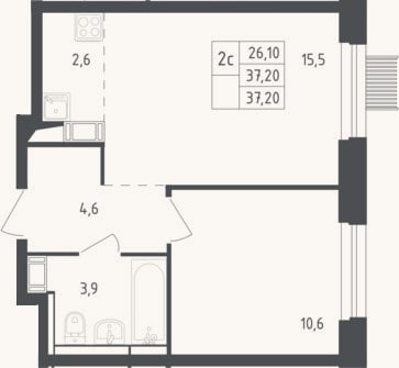 Планировка: 2-к, 37,2 м²