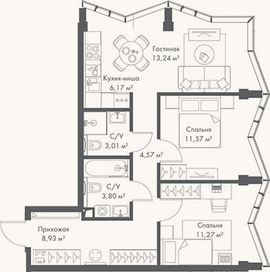 Планировка: 3-к, 62,6 м²